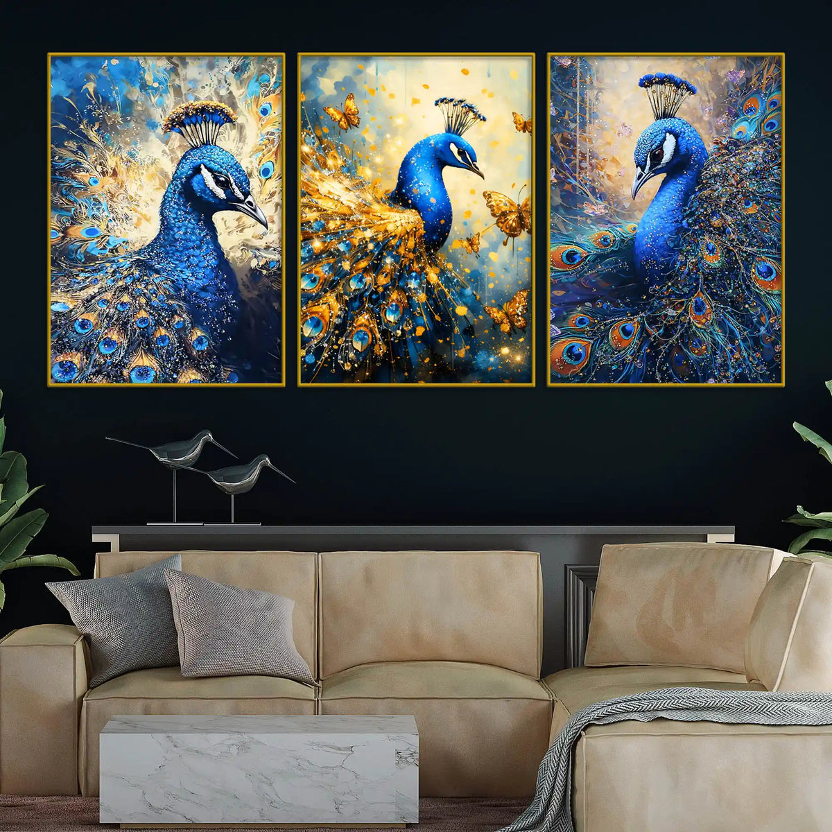Blue Peacock with Gold Accents Floating Frame Crystal Wall Painting Set of 3