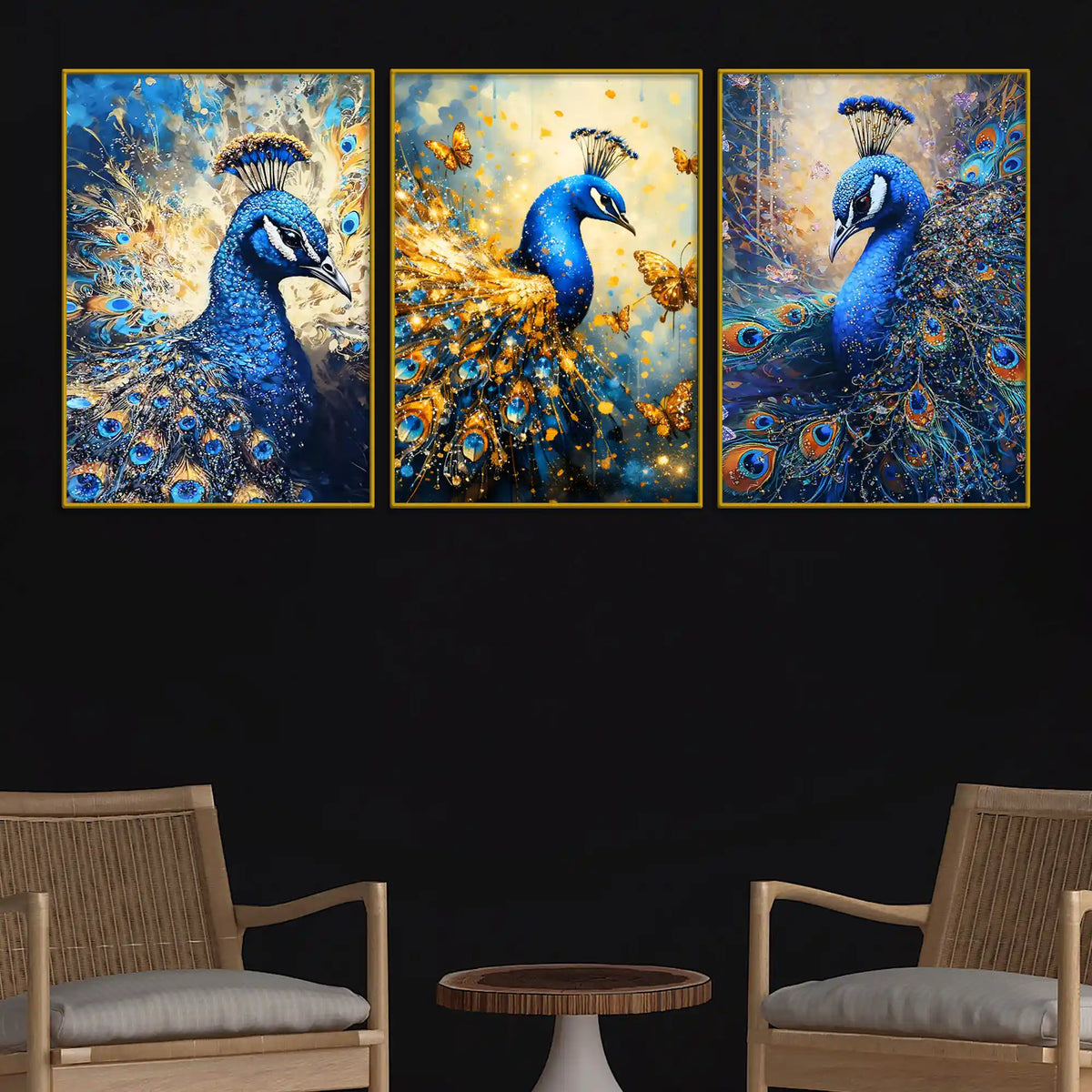 Blue Peacock with Gold Accents Floating Frame Crystal Wall Painting Set of 3