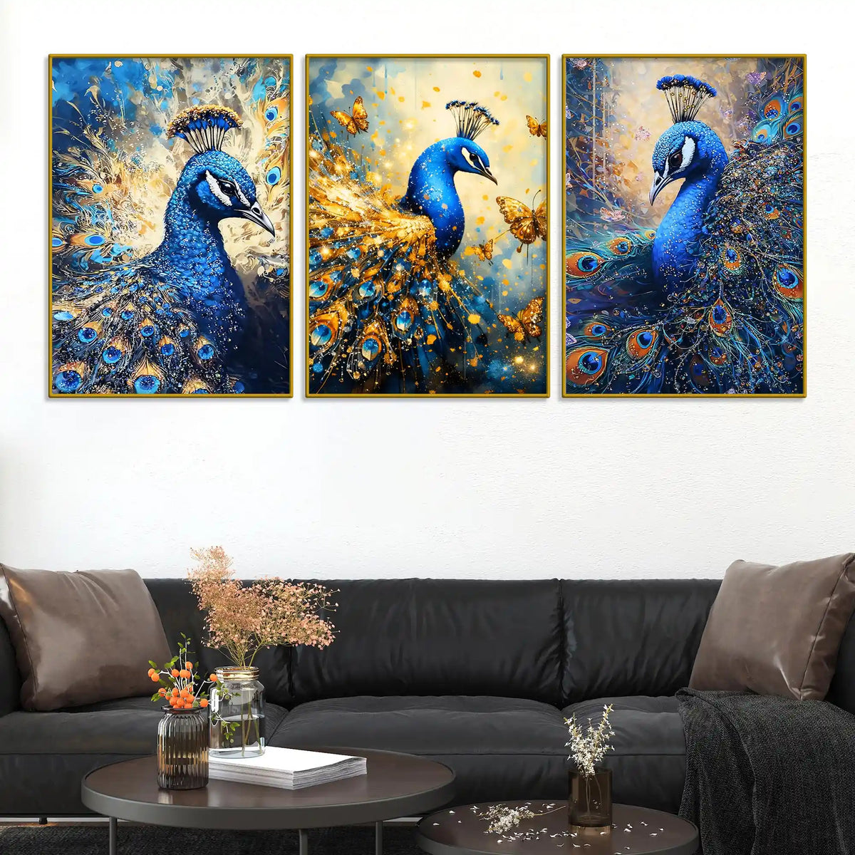 Blue Peacock with Gold Accents Floating Frame Crystal Wall Painting Set of 3