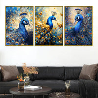 Blue Peacock with Gold Accents Floating Frame Crystal Wall Painting Set of 3