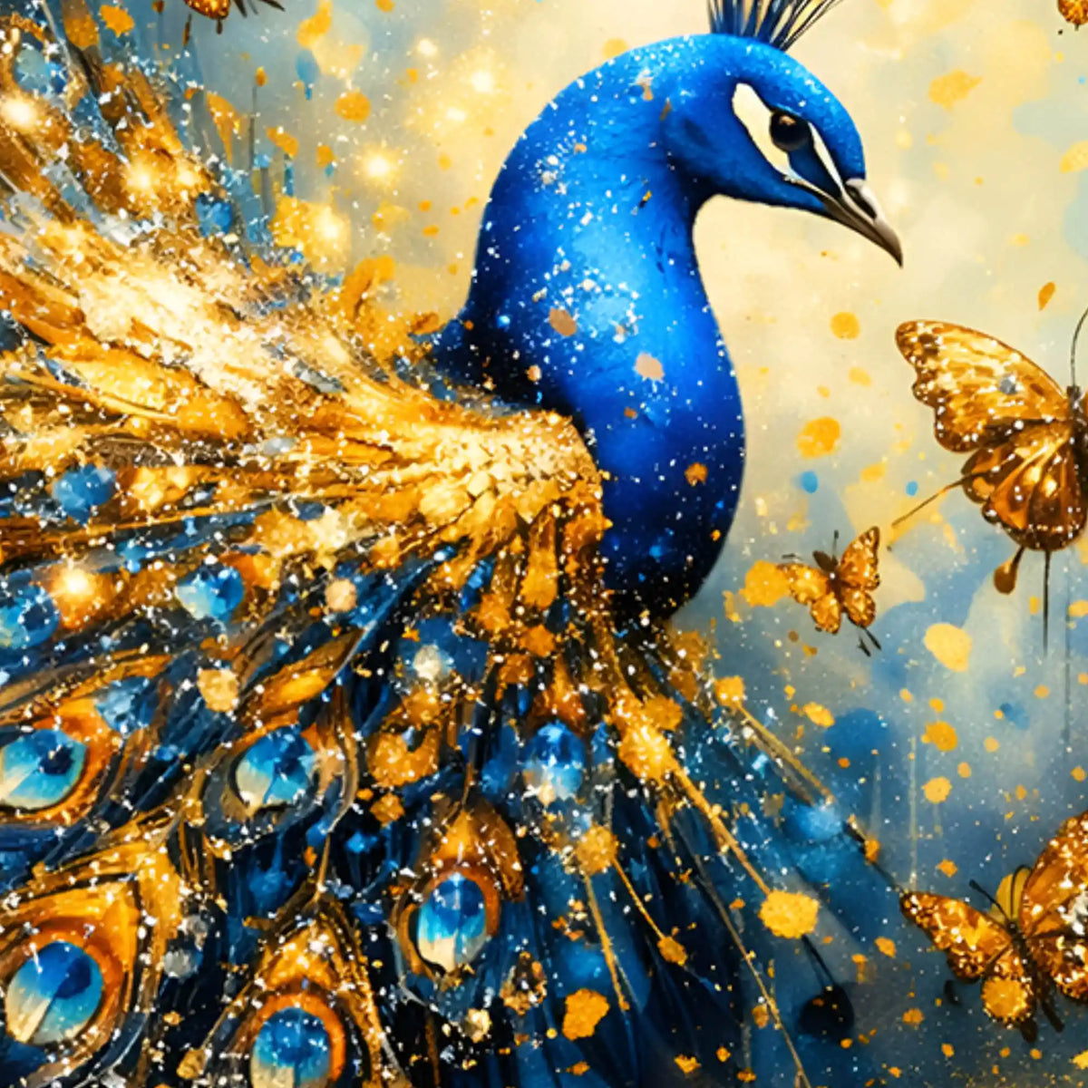 Blue Peacock with Gold Accents Floating Frame Crystal Wall Painting Set of 3
