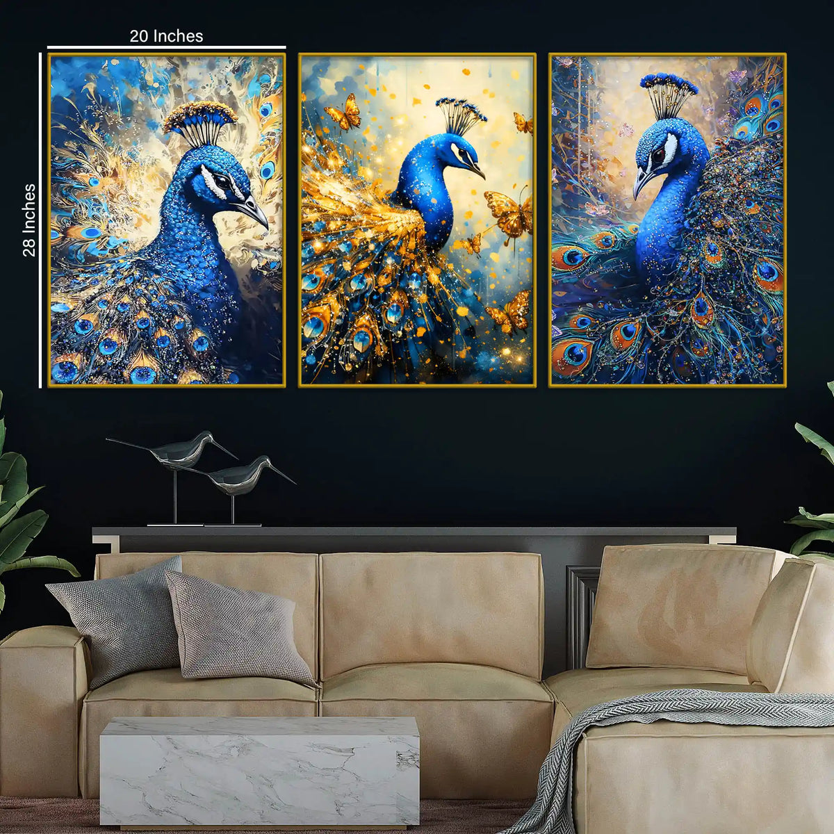 Blue Peacock with Gold Accents Floating Frame Crystal Wall Painting Set of 3