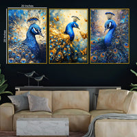 Blue Peacock with Gold Accents Floating Frame Crystal Wall Painting Set of 3