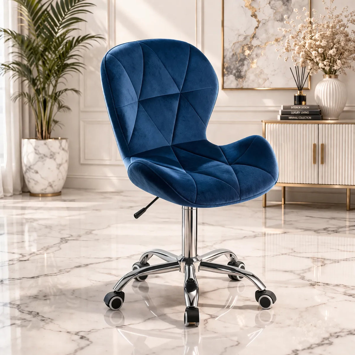 Blue Velvet Accent Chair with Diamond Stitching