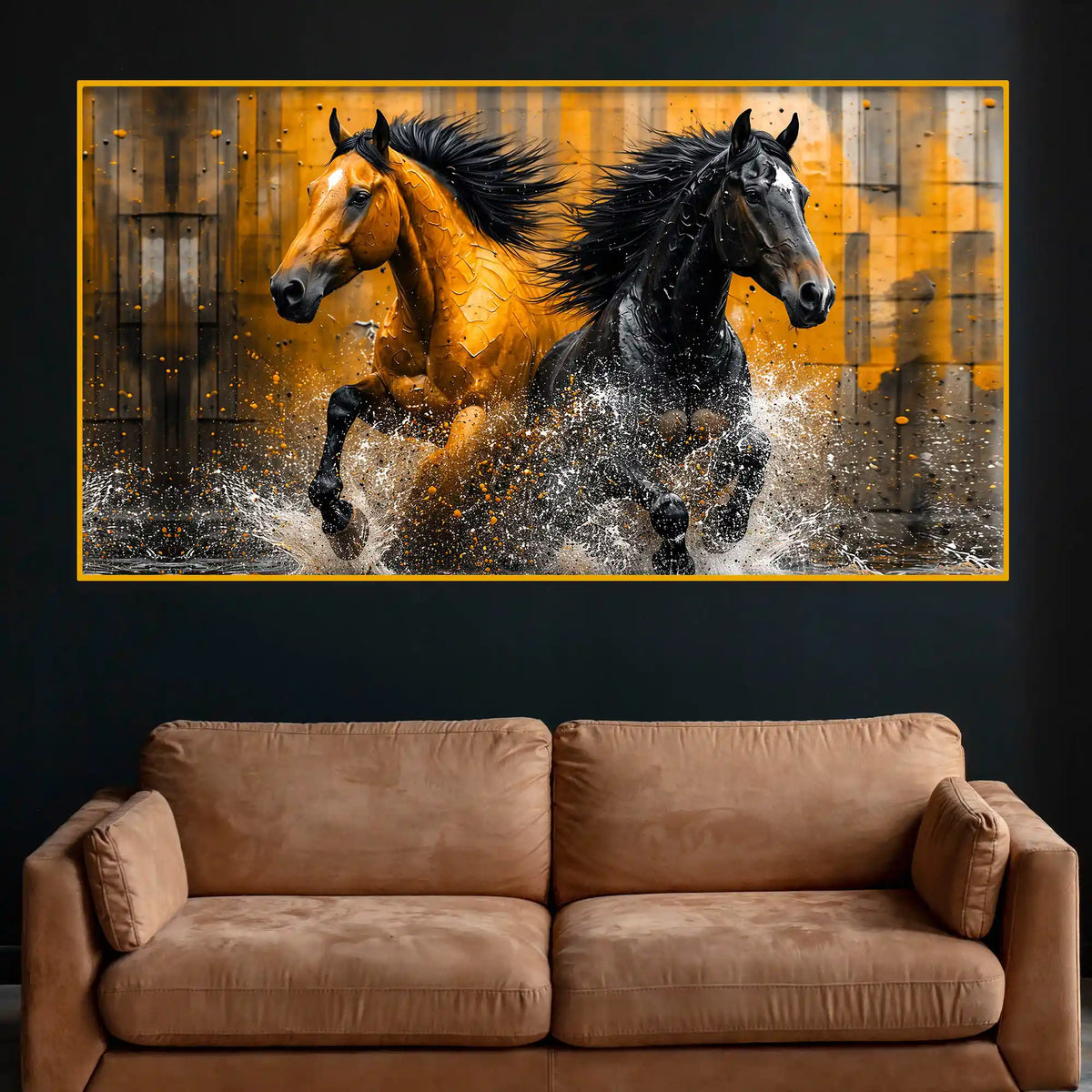 Bold Black Gold Horse Artwork Crystal Glass Painting