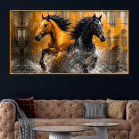Bold Black Gold Horse Artwork Crystal Glass Painting