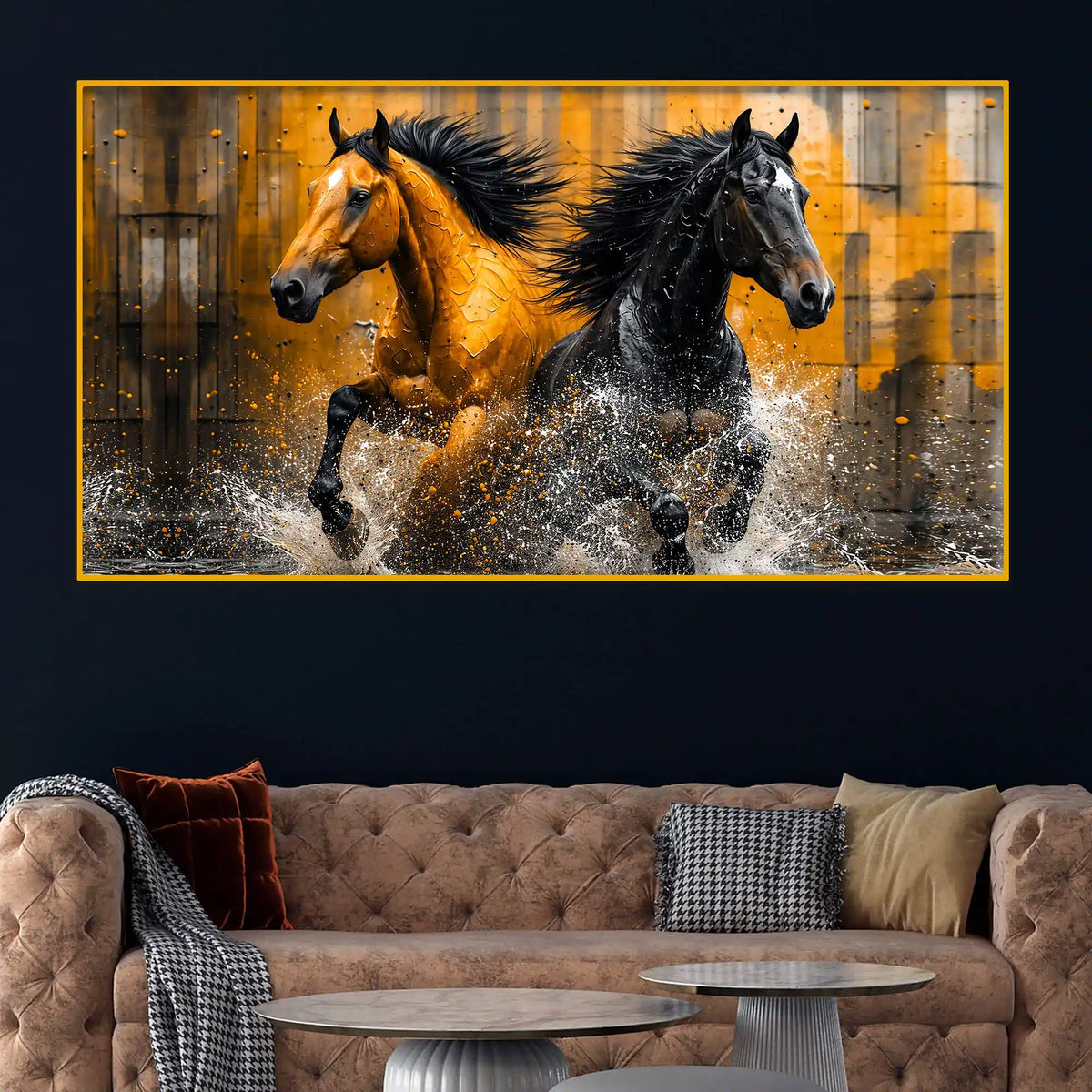 Bold Black Gold Horse Artwork Crystal Glass Painting