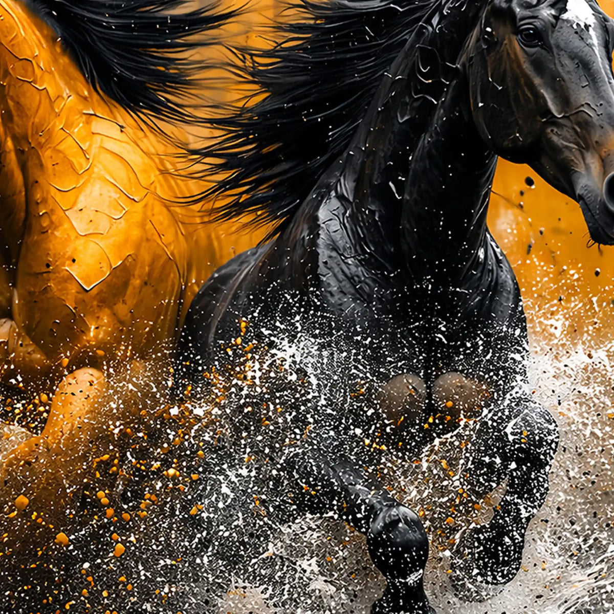 Bold Black Gold Horse Artwork Crystal Glass Painting