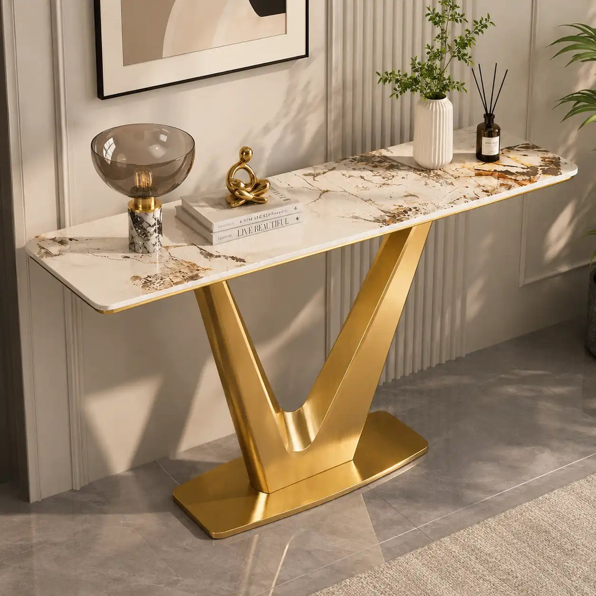 Bold V Shaped Console Table with Luxurious Gold Finish