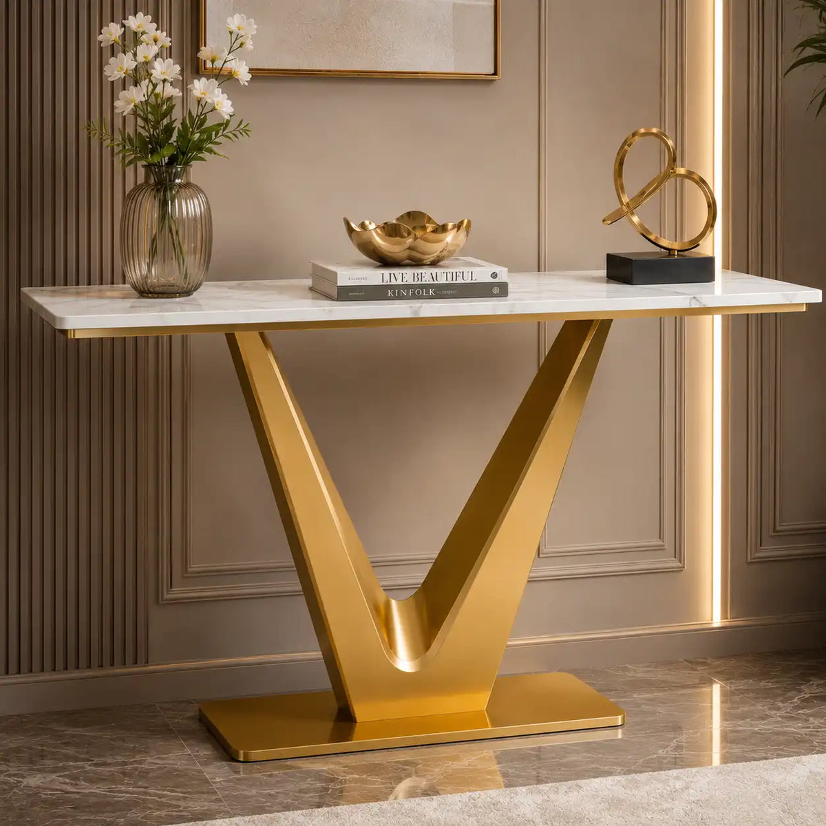 Bold V Shaped Console Table with Luxurious Gold Finish