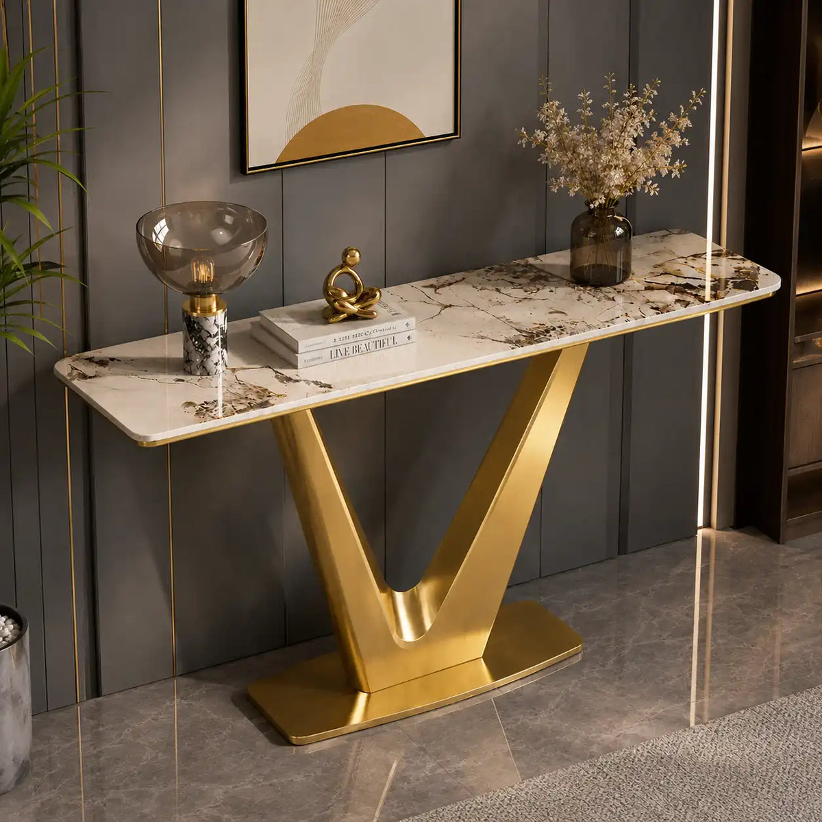 Bold V Shaped Console Table with Luxurious Gold Finish