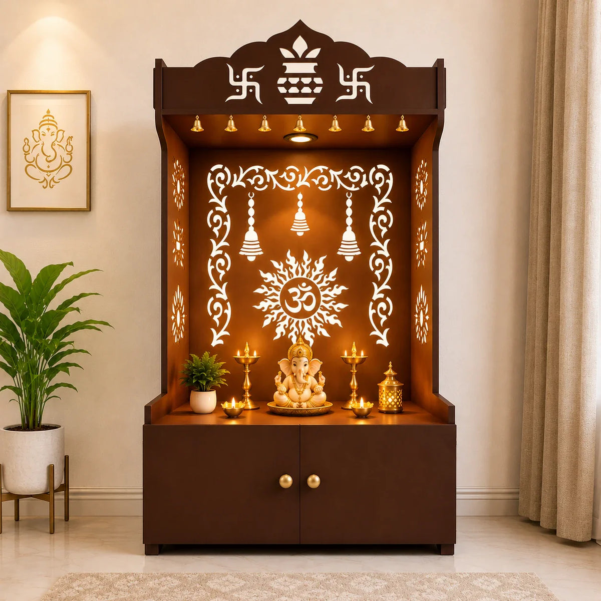 Brown Wooden Floor Pooja Mandir with Kalash & Om Design Laser-Cut Bell Motifs & Storage Cabinet