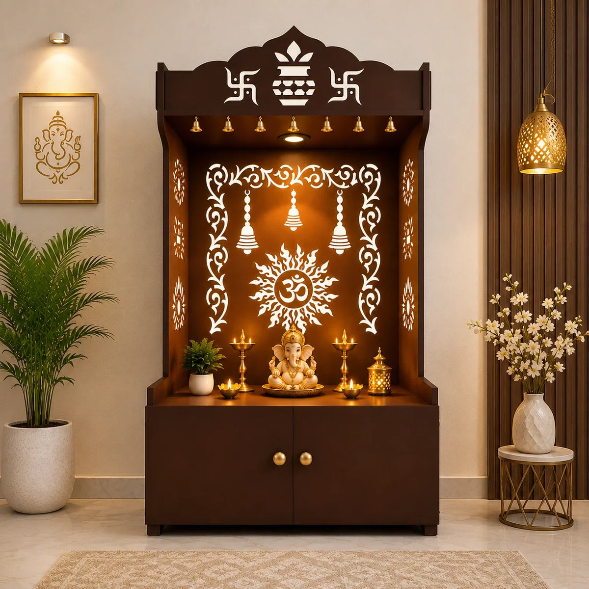 Brown Wooden Floor Pooja Mandir with Kalash & Om Design Laser-Cut Bell Motifs & Storage Cabinet