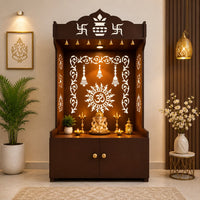 Brown Wooden Floor Pooja Mandir with Kalash & Om Design Laser-Cut Bell Motifs & Storage Cabinet