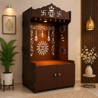 Brown Wooden Floor Pooja Mandir with Kalash & Om Design Laser-Cut Bell Motifs & Storage Cabinet