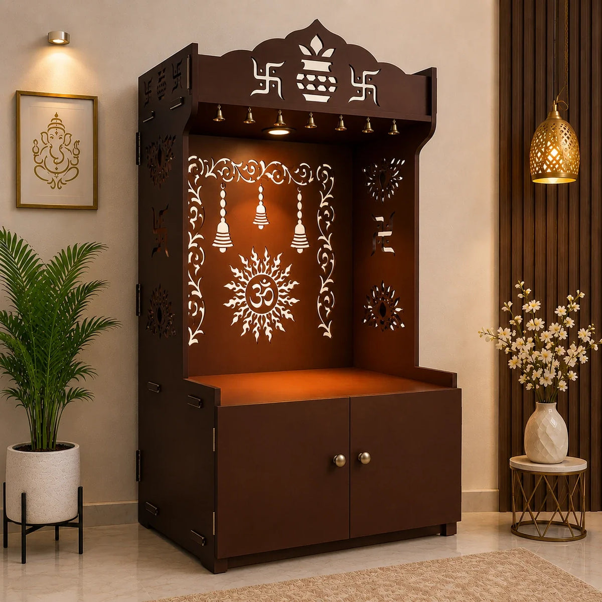 Brown Wooden Floor Pooja Mandir with Kalash & Om Design Laser-Cut Bell Motifs & Storage Cabinet