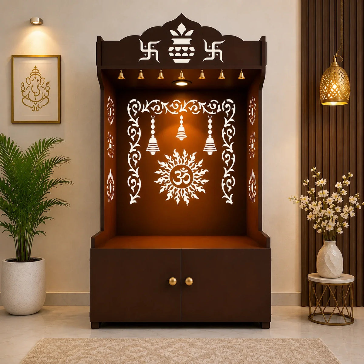 Brown Wooden Floor Pooja Mandir with Kalash & Om Design Laser-Cut Bell Motifs & Storage Cabinet