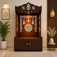 Brown Wooden Floor Pooja Mandir with Kalash & Om Design Laser-Cut Bell Motifs & Storage Cabinet