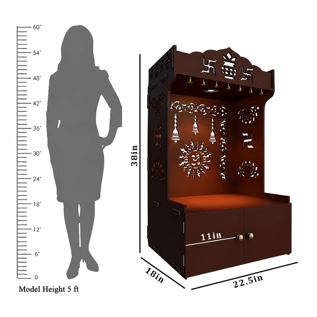 Brown Wooden Floor Pooja Mandir with Kalash & Om Design Laser-Cut Bell Motifs & Storage Cabinet
