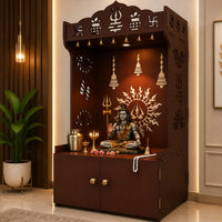 Brown Wooden Floor Pooja Mandir with Trishul & Kalash Design Laser-Cut Bell & Sun Motif Back Panel & Storage Cabinet
