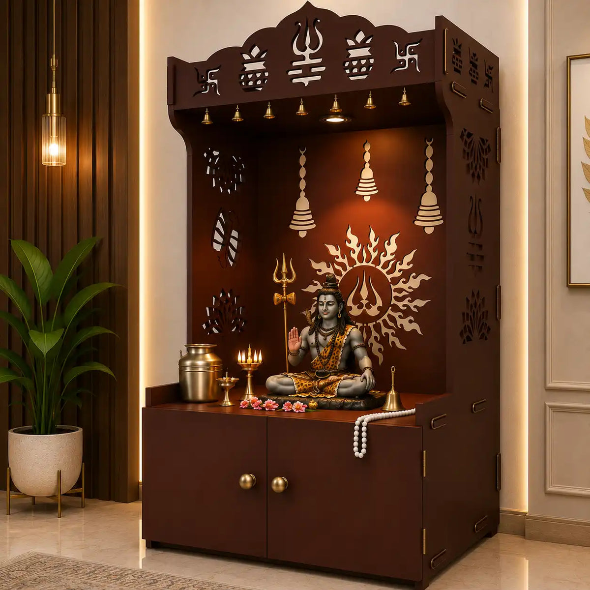 Brown Wooden Floor Pooja Mandir with Trishul & Kalash Design Laser-Cut Bell & Sun Motif Back Panel & Storage Cabinet