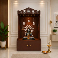 Brown Wooden Floor Pooja Mandir with Trishul & Kalash Design Laser-Cut Bell & Sun Motif Back Panel & Storage Cabinet