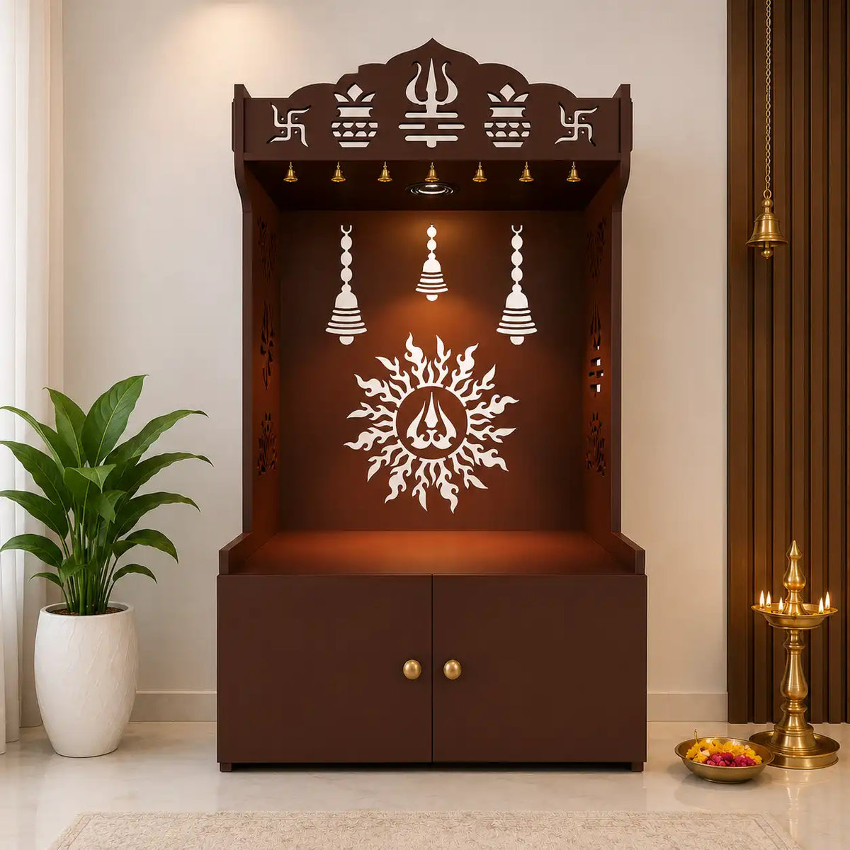 Brown Wooden Floor Pooja Mandir with Trishul & Kalash Design Laser-Cut Bell & Sun Motif Back Panel & Storage Cabinet