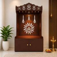Brown Wooden Floor Pooja Mandir with Trishul & Kalash Design Laser-Cut Bell & Sun Motif Back Panel & Storage Cabinet