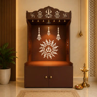 Brown Wooden Floor Pooja Mandir with Trishul & Kalash Design Laser-Cut Bell & Sun Motif Back Panel & Storage Cabinet
