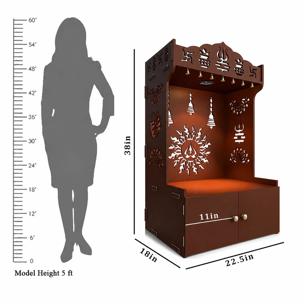Brown Wooden Floor Pooja Mandir with Trishul & Kalash Design Laser-Cut Bell & Sun Motif Back Panel & Storage Cabinet