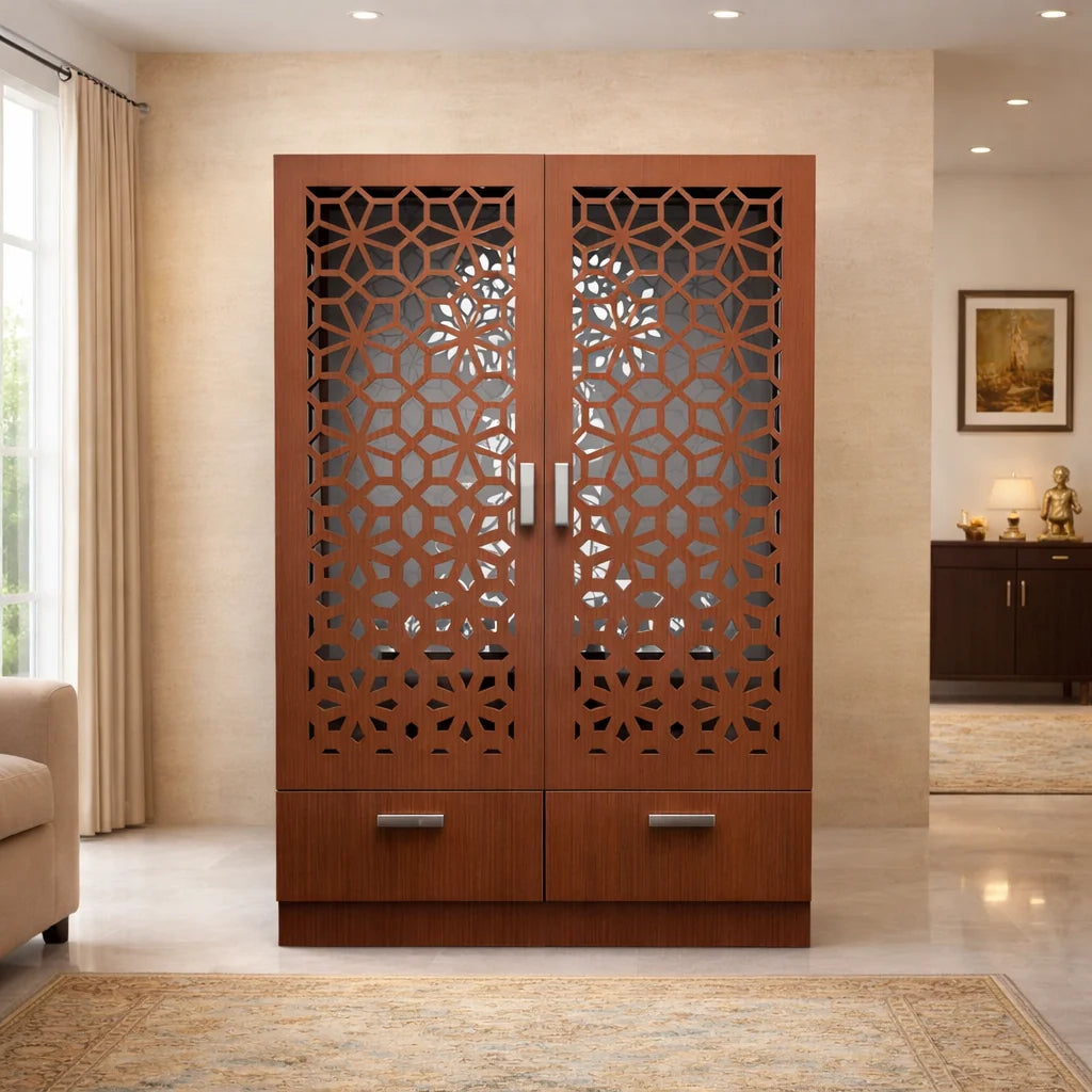 Brown Wooden Mandir for Home with Backlit Krishna and Peacocks