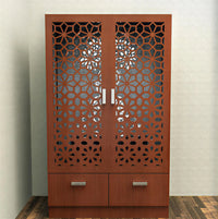 Brown Wooden Mandir for Home with Backlit Krishna and Peacocks