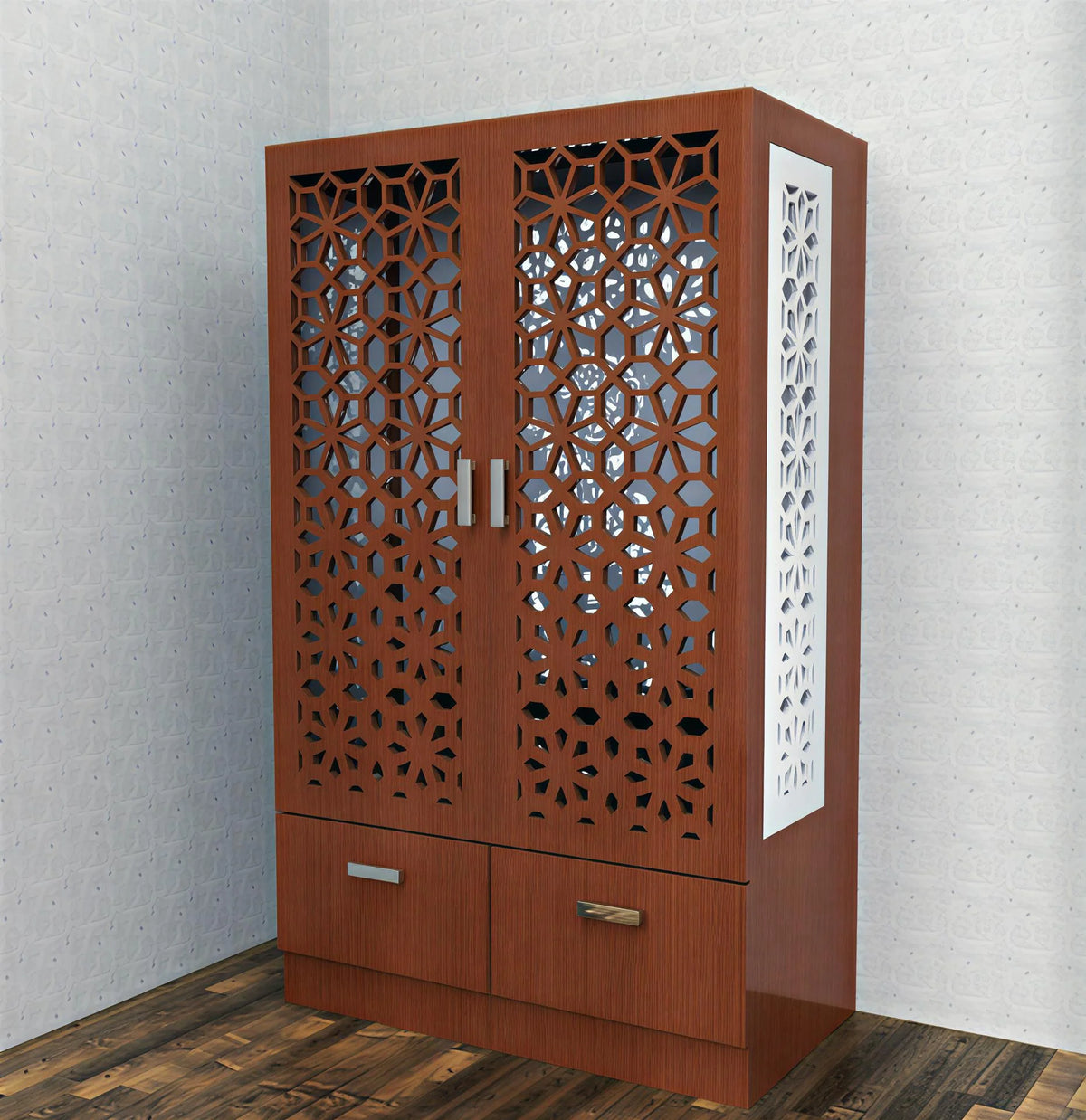 Brown Wooden Mandir for Home with Backlit Krishna and Peacocks