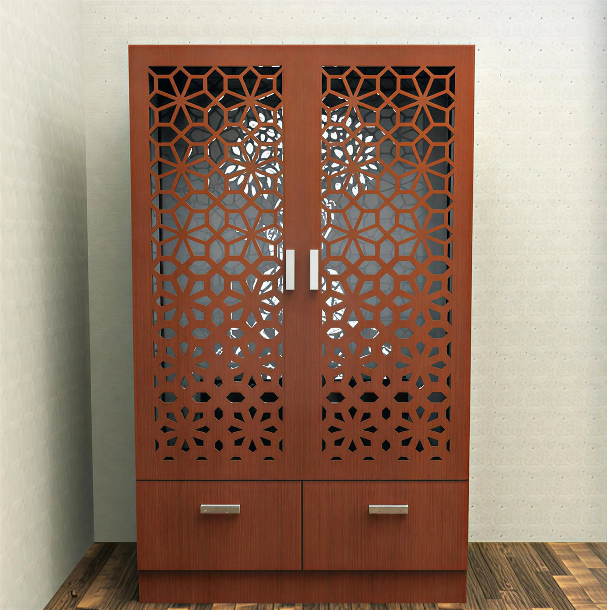 Brown Wooden Mandir for Home with Backlit Krishna and Peacocks