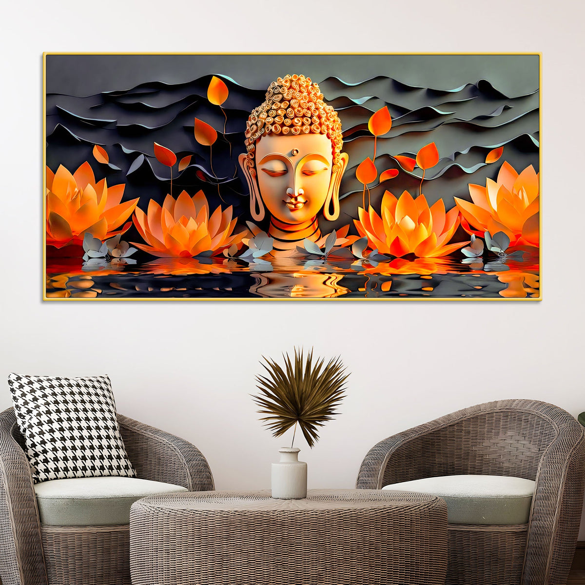 Buddha Canvas Wall Painting with Lotus Flower Design