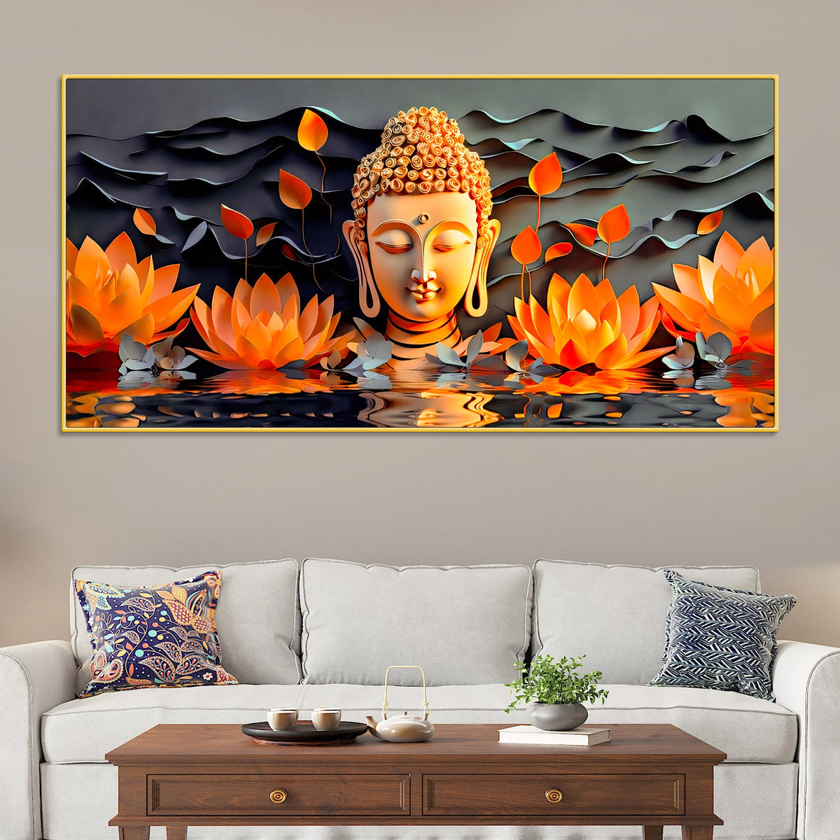 Buddha Canvas Wall Painting with Lotus Flower Design