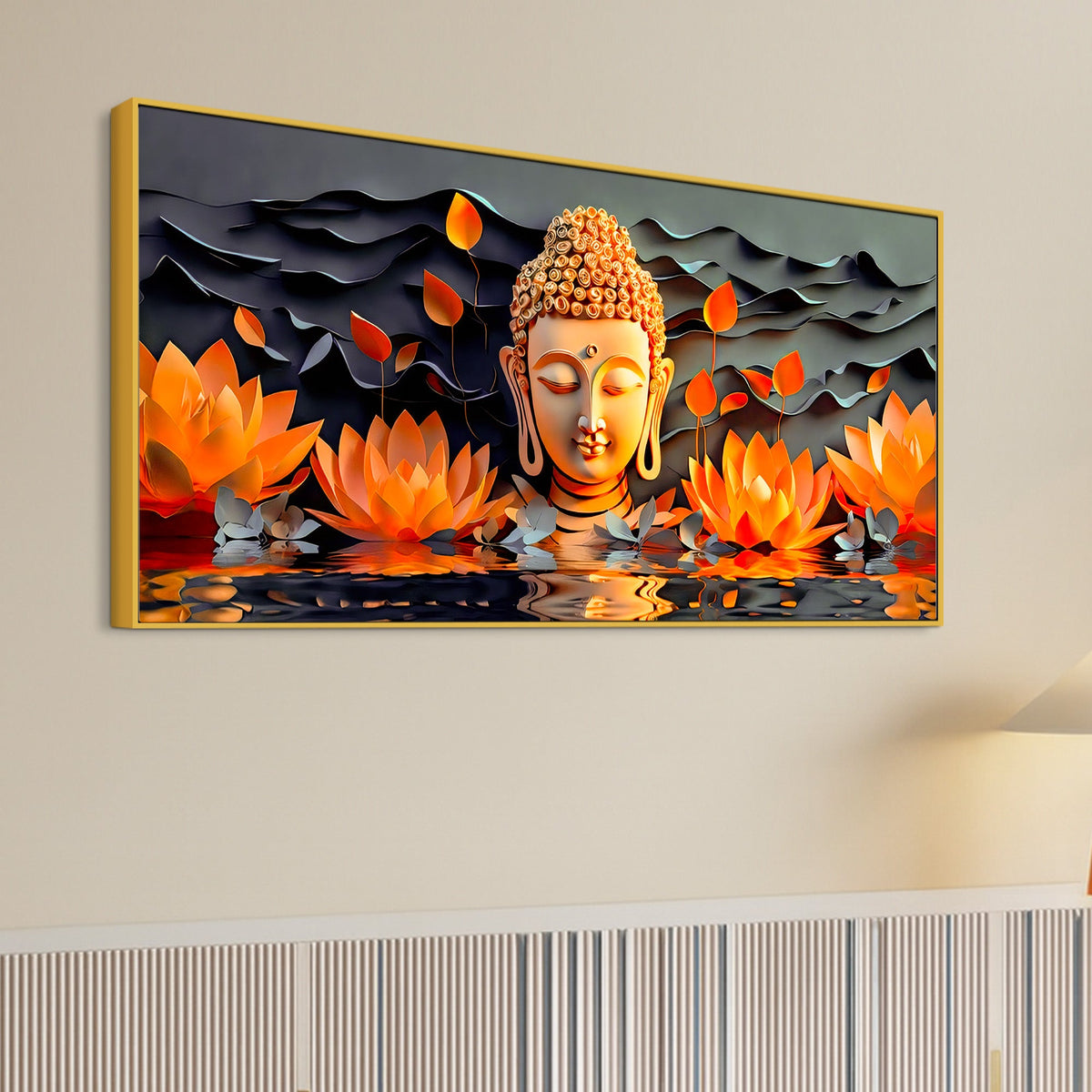 Buddha Canvas Wall Painting with Lotus Flower Design
