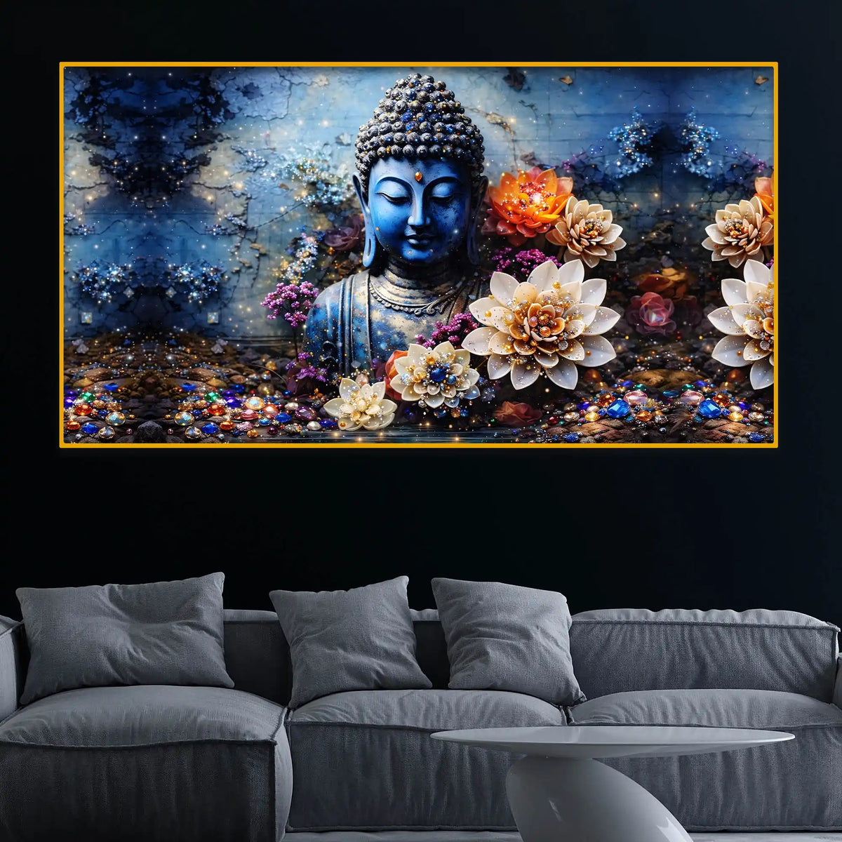 Buddha Enlightenment Floral Scene Crystal Glass Premium Painting