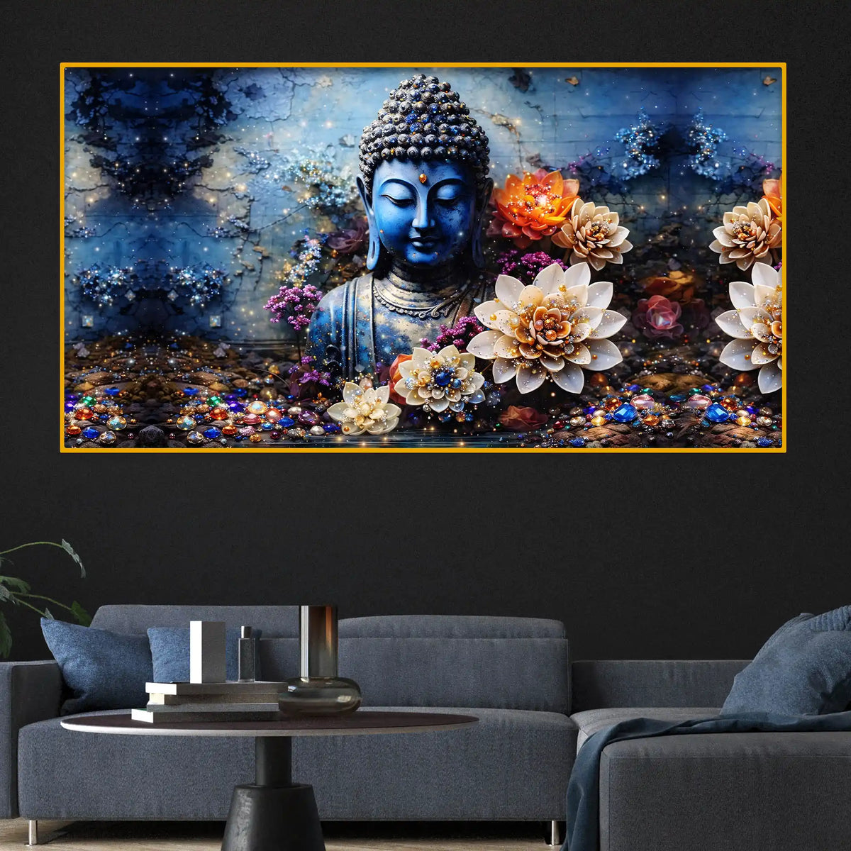 Buddha Enlightenment Floral Scene Crystal Glass Premium Painting