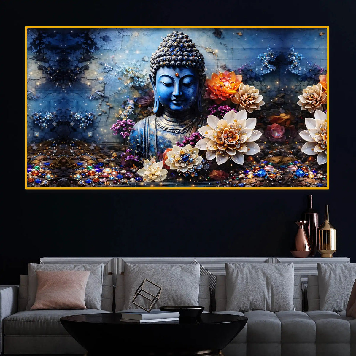 Buddha Enlightenment Floral Scene Crystal Glass Premium Painting