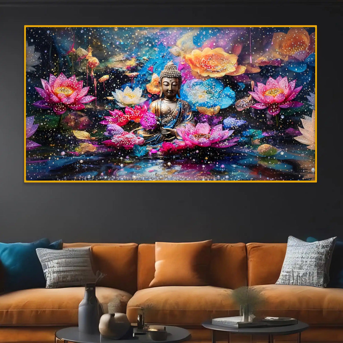 Buddha Meditation Floral Crystal Glass Painting for Luxury Décor
