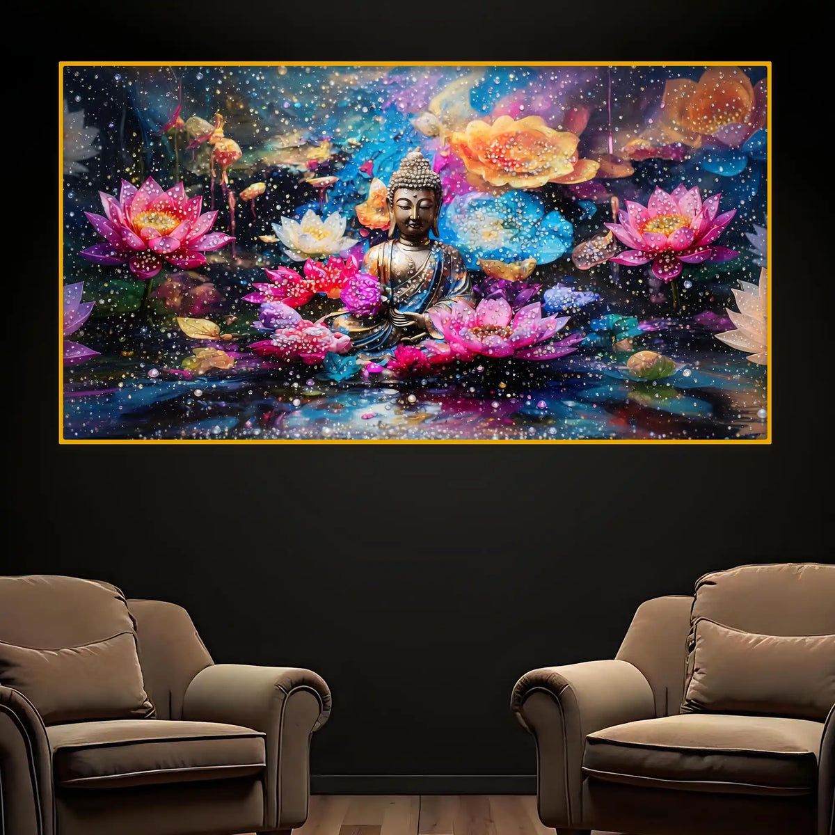 Buddha Meditation Floral Crystal Glass Painting for Luxury Décor
