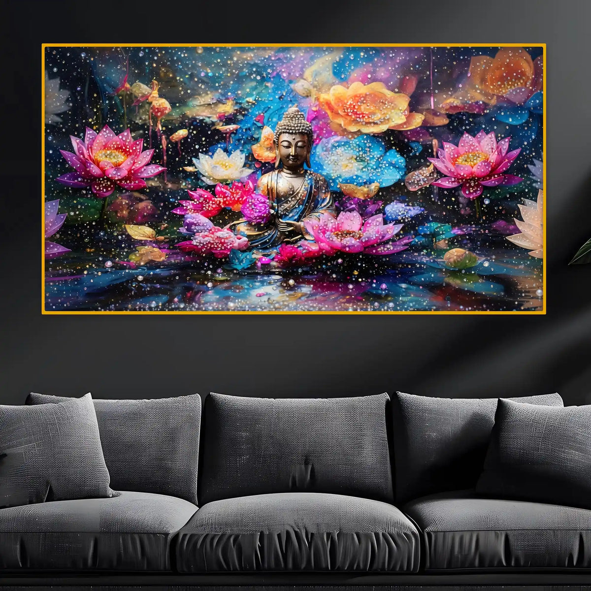 Buddha Meditation Floral Crystal Glass Painting for Luxury Décor