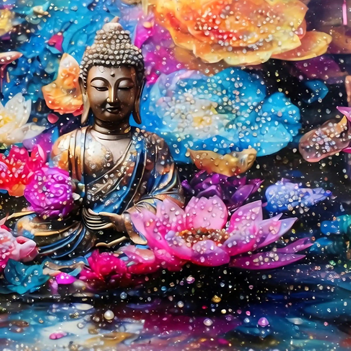 Buddha Meditation Floral Crystal Glass Painting for Luxury Décor