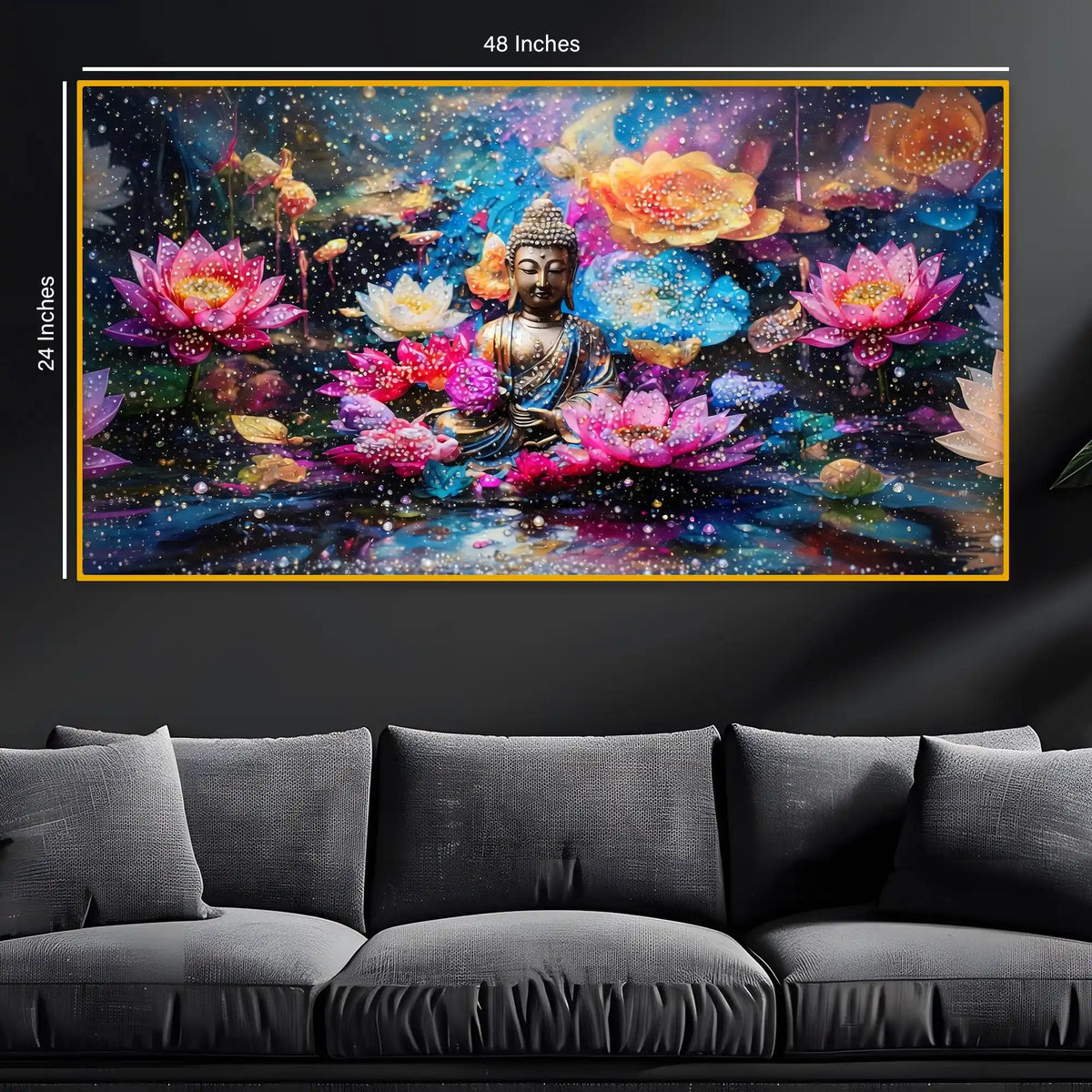 Buddha Meditation Floral Crystal Glass Painting for Luxury Décor