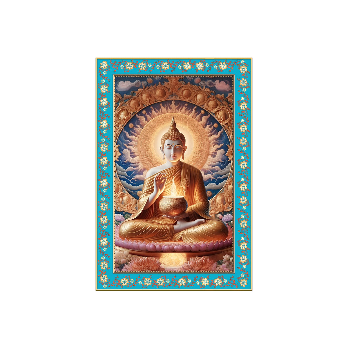 Buddha Sacred Calm Floral Border Vertical Canvas Wall Painting