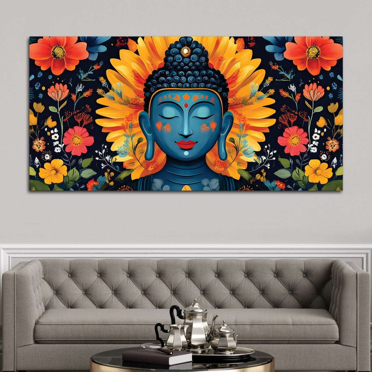 Buddha Wall Art with Floral Design – Peaceful Canvas Painting