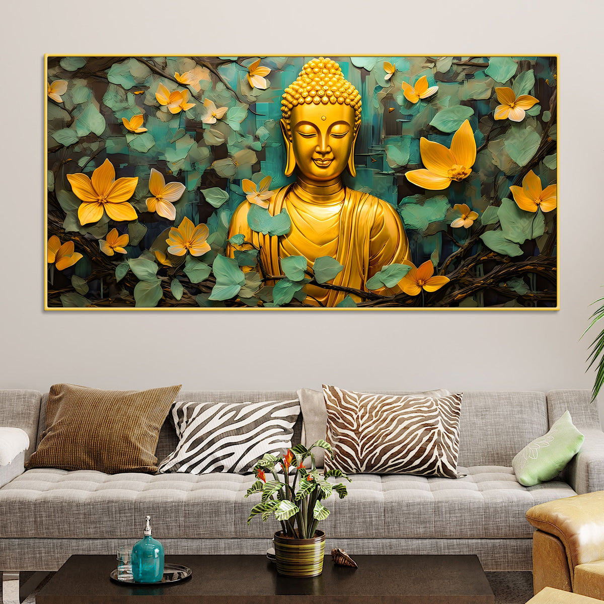 Buddha Wall Painting with Floral Leaves for Peace
