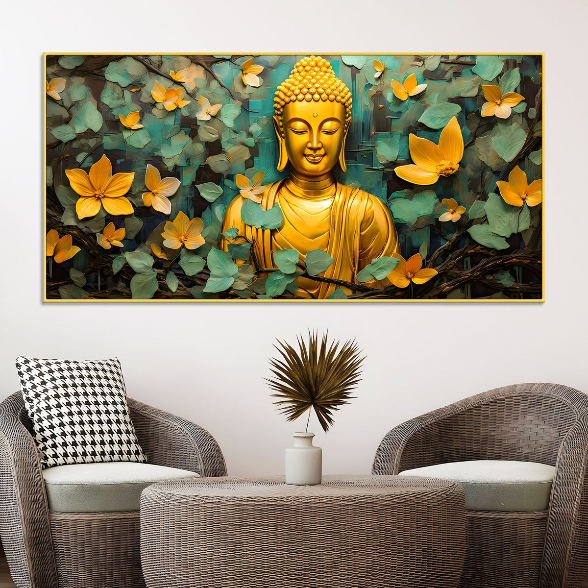Buddha Wall Painting with Floral Leaves for Peace