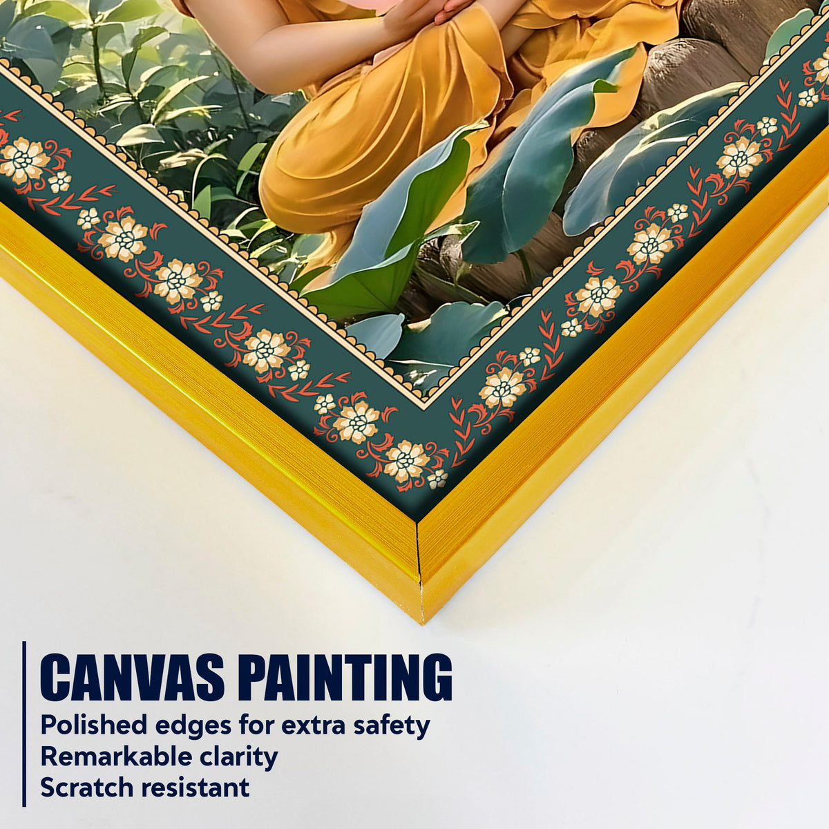 Buddha with Lotus Calm Peace Floral Border Vertical Wall Painting